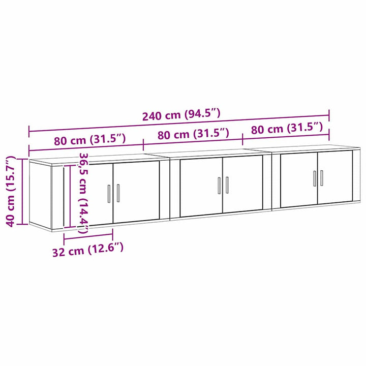 Væghængt TV-skab sæt 3 pcs Sort eg 80 x 34,5 x 40 cm