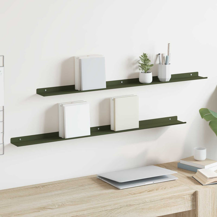 Svævende hylde 2 pcs Oliven grøn 100 x 9 x 2,5 cm Stål