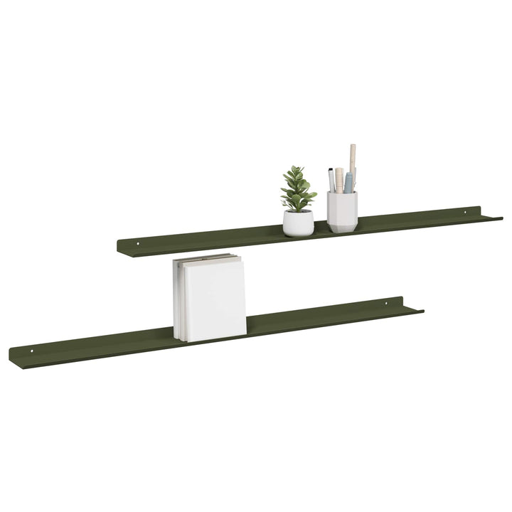 Svævende hylde 2 pcs Oliven grøn 100 x 9 x 2,5 cm Stål