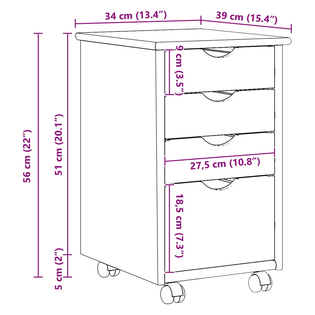 Rullende skab med hjul Hvid 34 x 39 x 56 cm Massivt fyrretræ