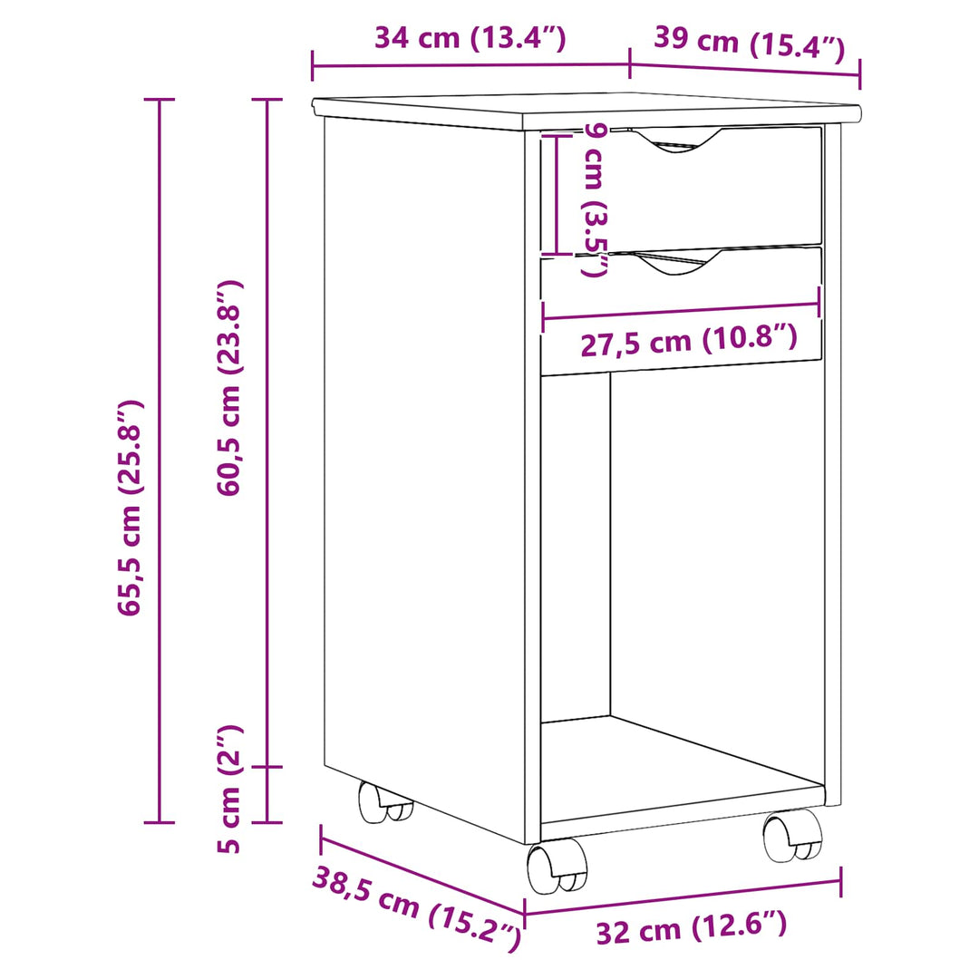 Rullende skab Sort 34 x 39 x 65,5 cm Massivt fyrretræ