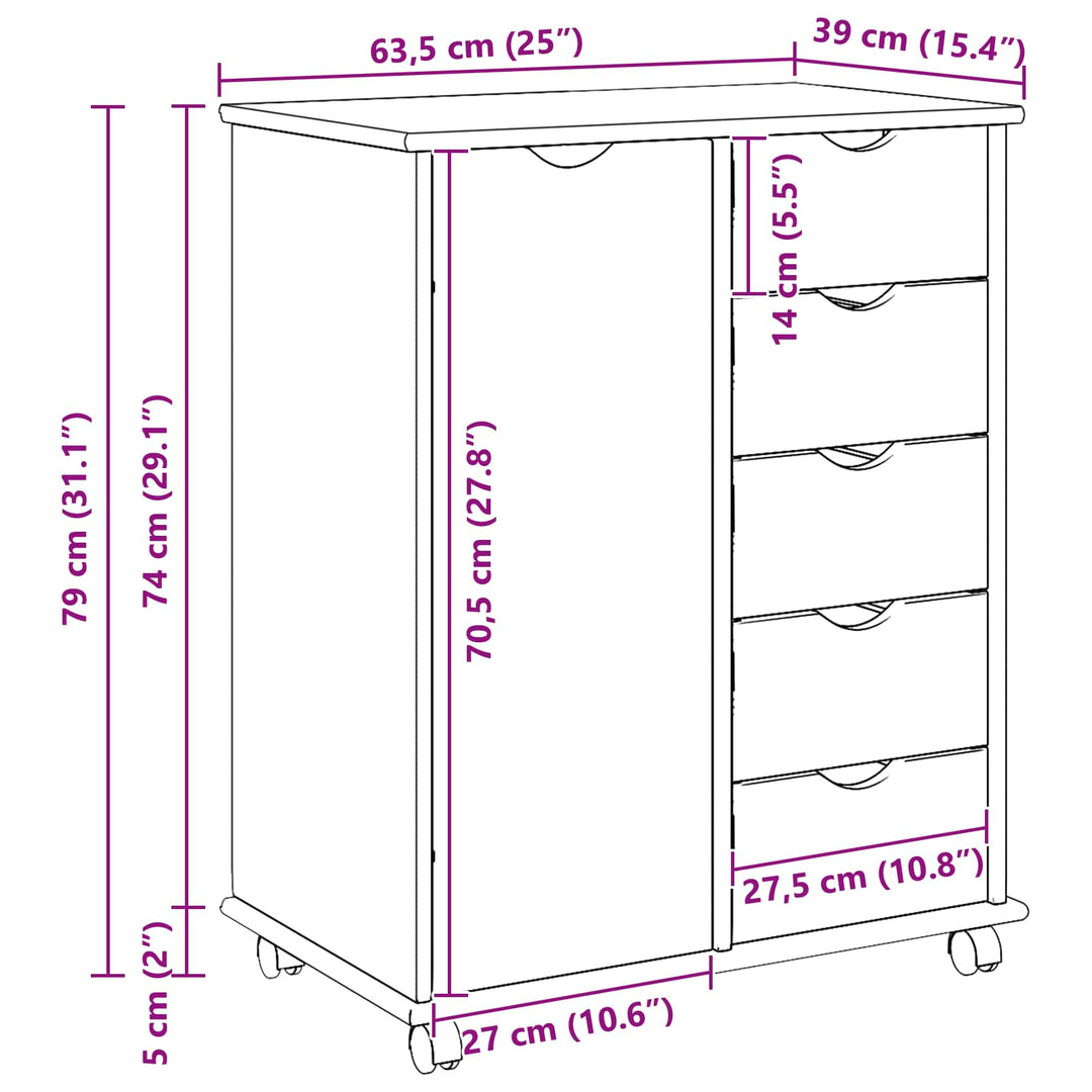 Rullende skab med hjul Hvid 63,5 x 39 x 79 cm Massivt fyrretræ