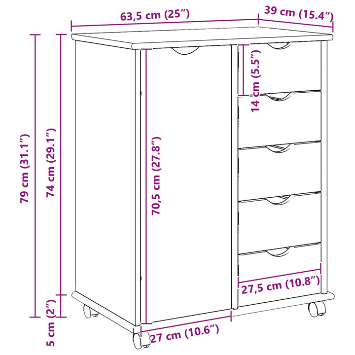 Rullende skab med hjul Hvid 63,5 x 39 x 79 cm Massivt fyrretræ