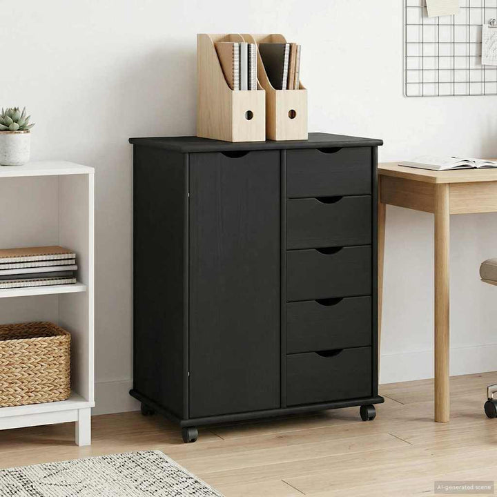 Rullende skab med hjul Sort 63,5 x 39 x 79 cm Massivt fyrretræ