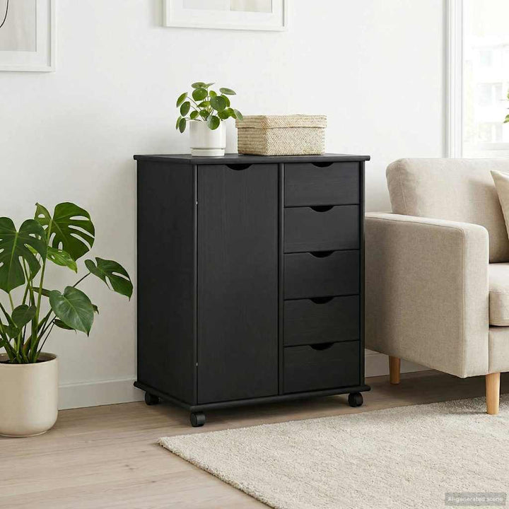 Rullende skab med hjul Sort 63,5 x 39 x 79 cm Massivt fyrretræ