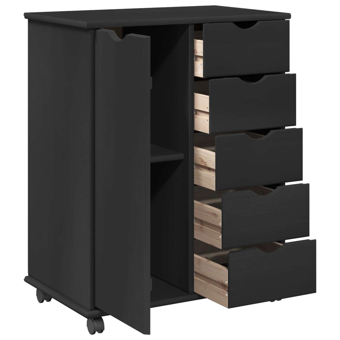 Rullende skab med hjul Sort 63,5 x 39 x 79 cm Massivt fyrretræ