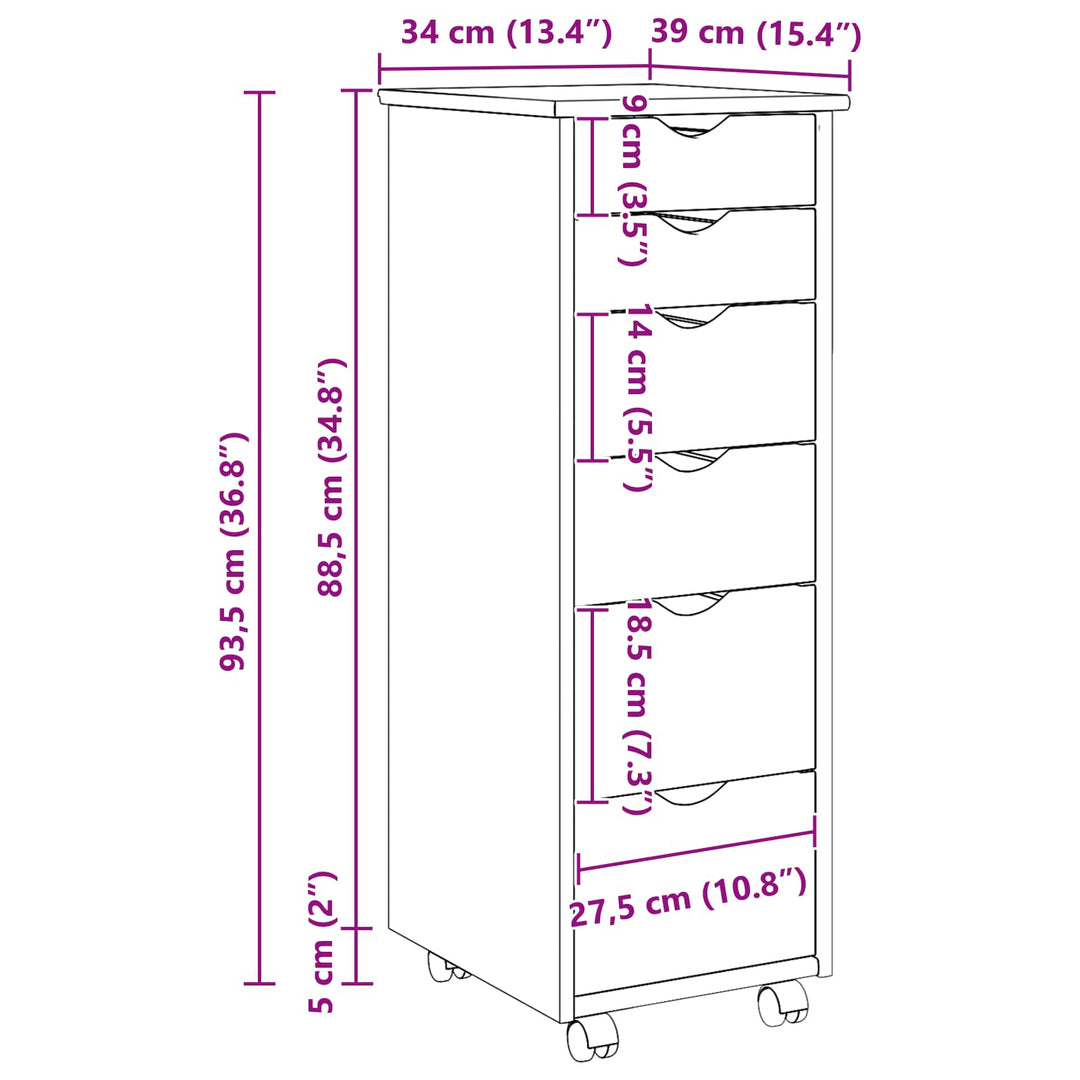 Rullende skab med hjul Hvid 34 x 39 x 93,5 cm Massivt fyrretræ