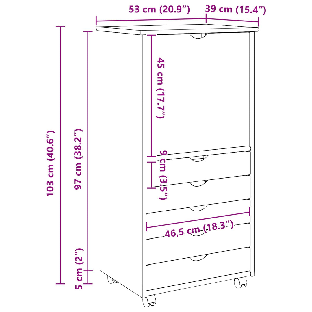 Rullende skab med hjul Hvid 53 x 39 x 103 cm Massivt fyrretræ
