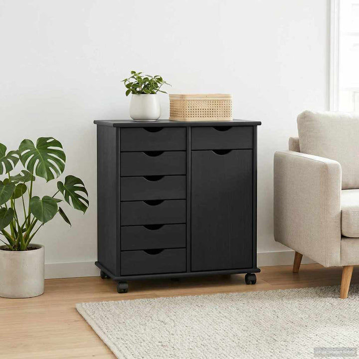 Rullende skab Sort 63,5 x 39 x 65,5 cm Massivt fyrretræ