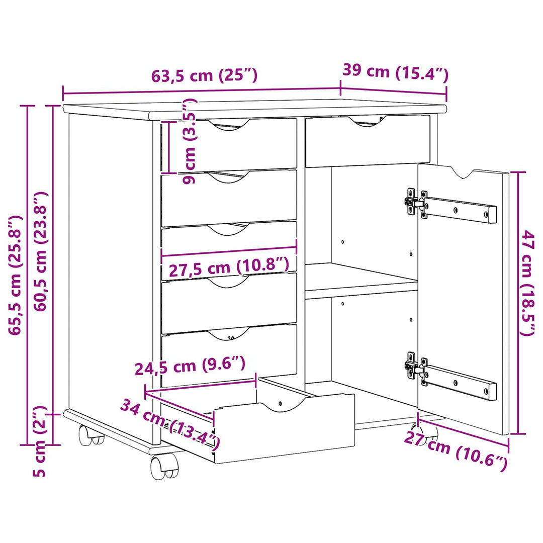 Rullende skab Sort 63,5 x 39 x 65,5 cm Massivt fyrretræ