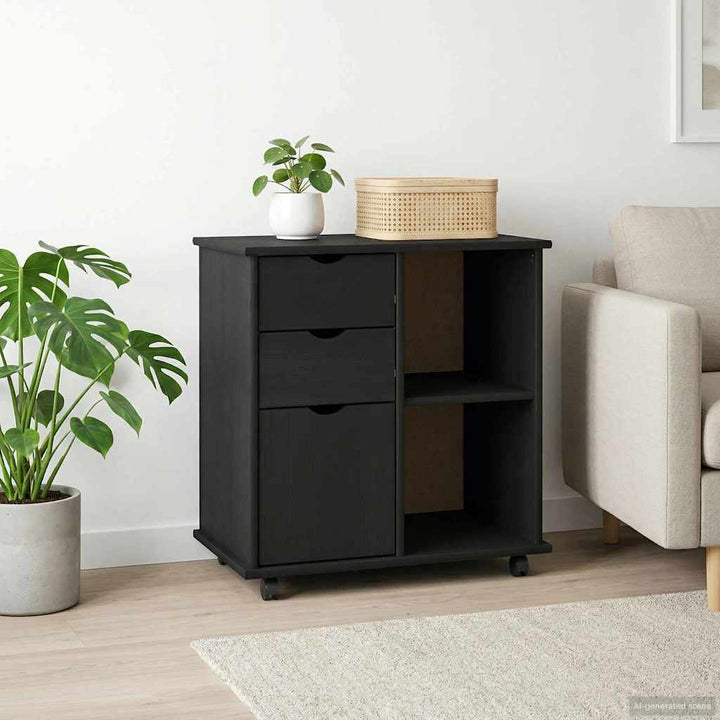 Rullende skab Sort 63,5 x 39 x 65,5 cm Massivt fyrretræ