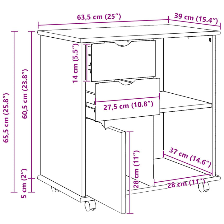 Rullende skab Sort 63,5 x 39 x 65,5 cm Massivt fyrretræ