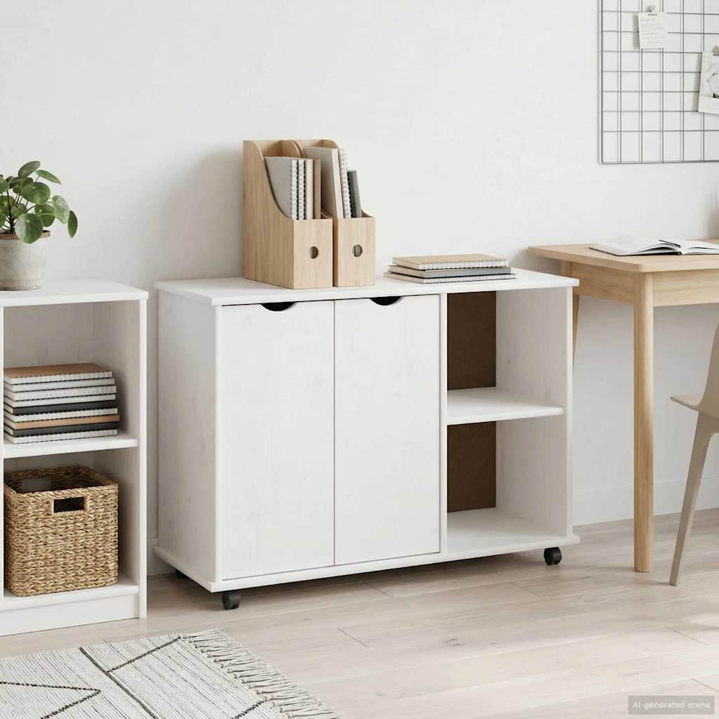 Rullende skab med hjul Hvid 100 x 39 x 65,5 cm Massivt fyrretræ