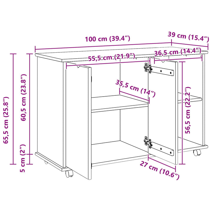 Rullende skab med hjul Grå 100 x 39 x 65,5 cm Massivt fyrretræ