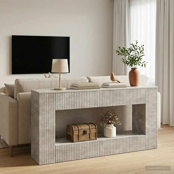 Konsolbord Stribet BetonGrå 155 x 29 x 74 cm Konstrueret træ