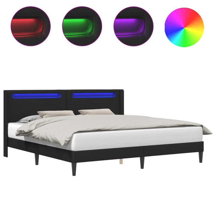 Sengestel med LED-lysstrimler Sort 200 x200 cm Kunstlæder