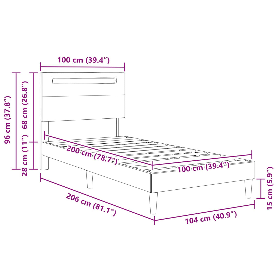 Sengestel med LED-lysstrimler Hvid 100 x 200 cm Kunstlæder
