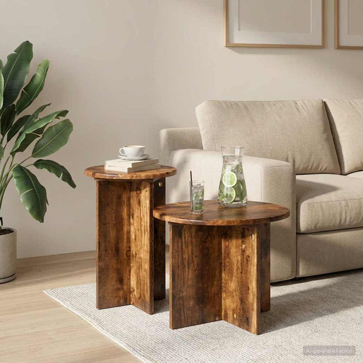 Sidebordssæt 2 stk. Røget eg Ø 45 x 35 cm Konstrueret træ