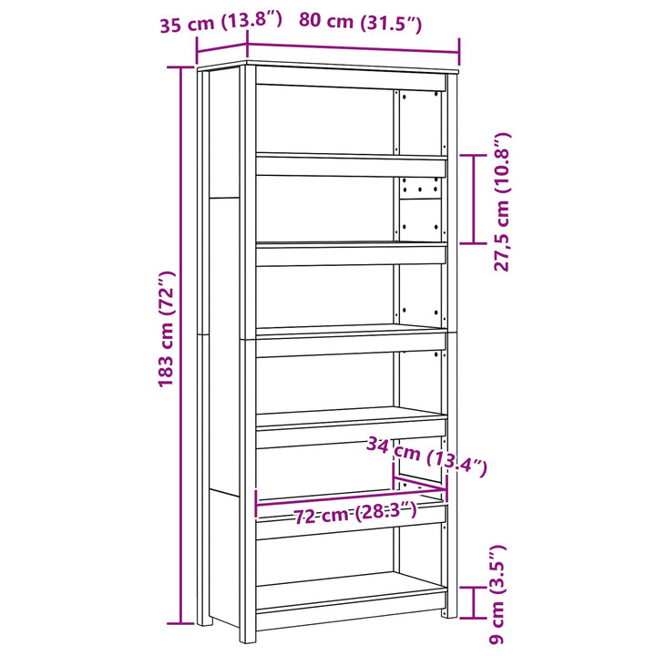 Bogskab Voks brun 80 x 35 x 183 cm Massiv fyrretræ
