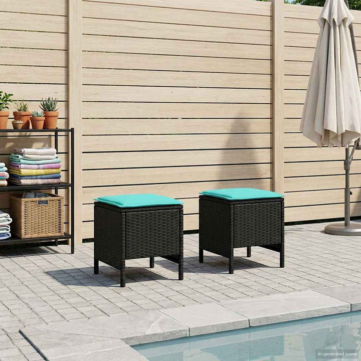 2 stk. Havepuf PE Rattan Sort og turkis