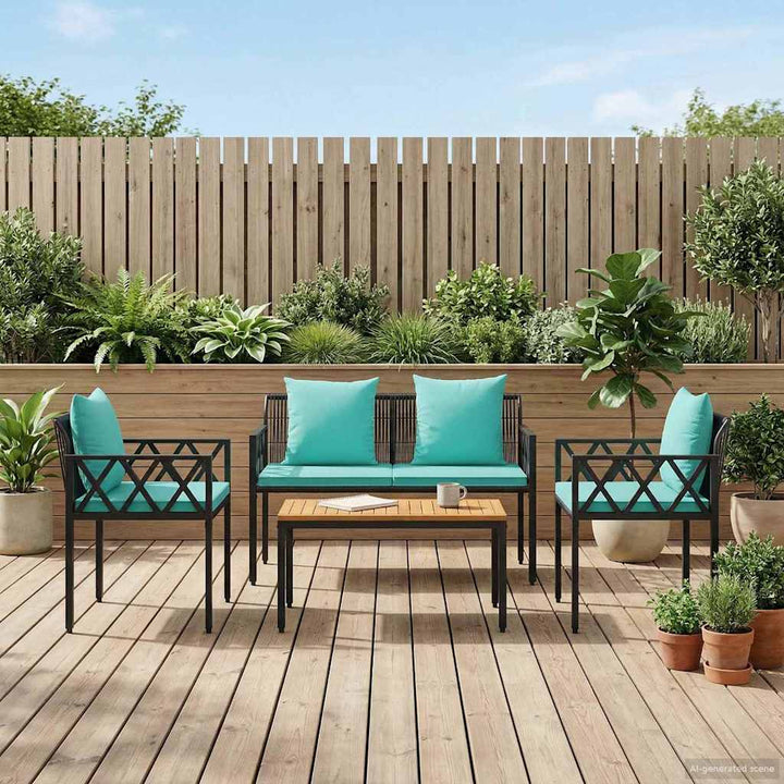 Have møbel sæt 4 pcs Sort og turkis polyrattan