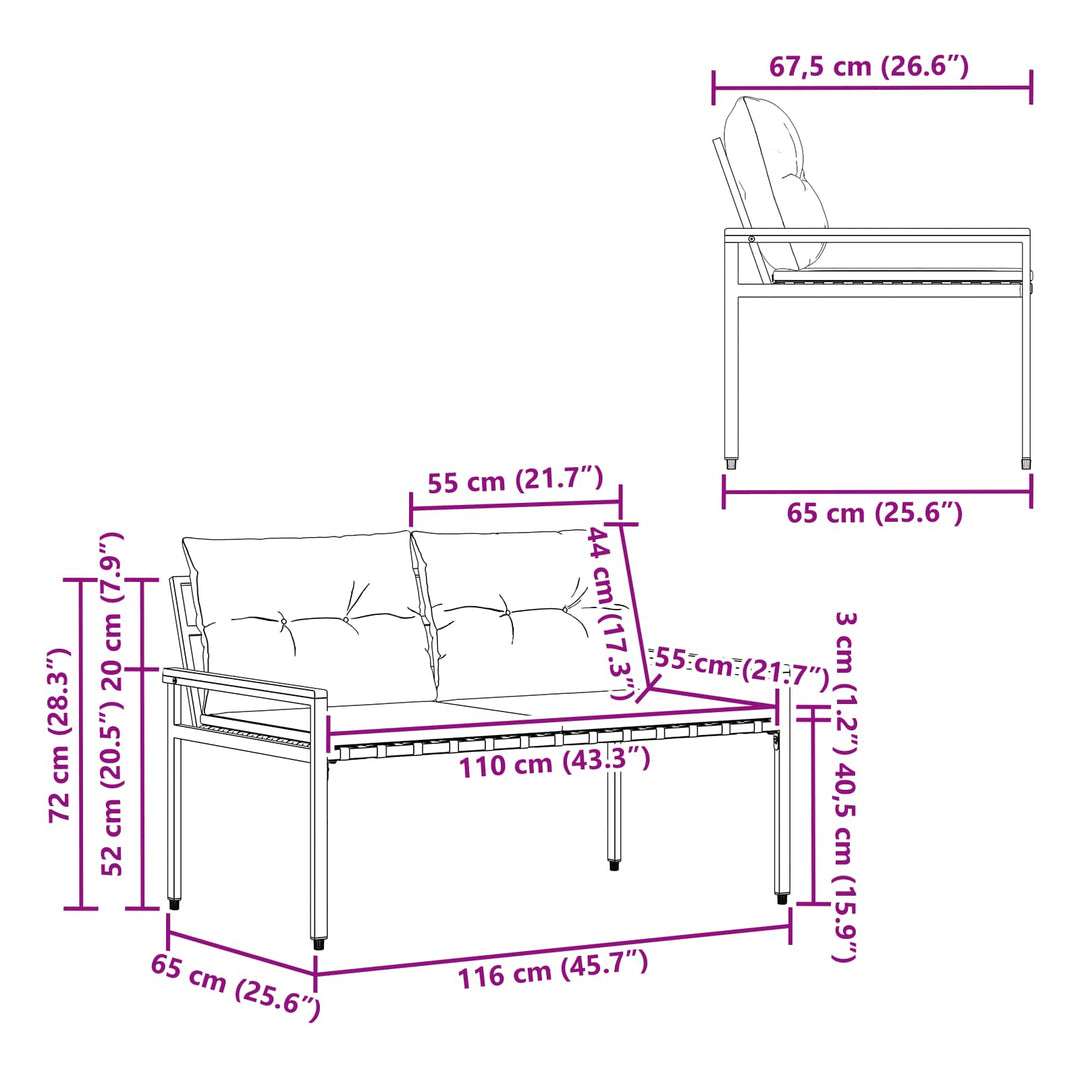 Udendørs bænk 2 -Seater 116 x 67,5 x 72 cm polyrattan Mørkegrå