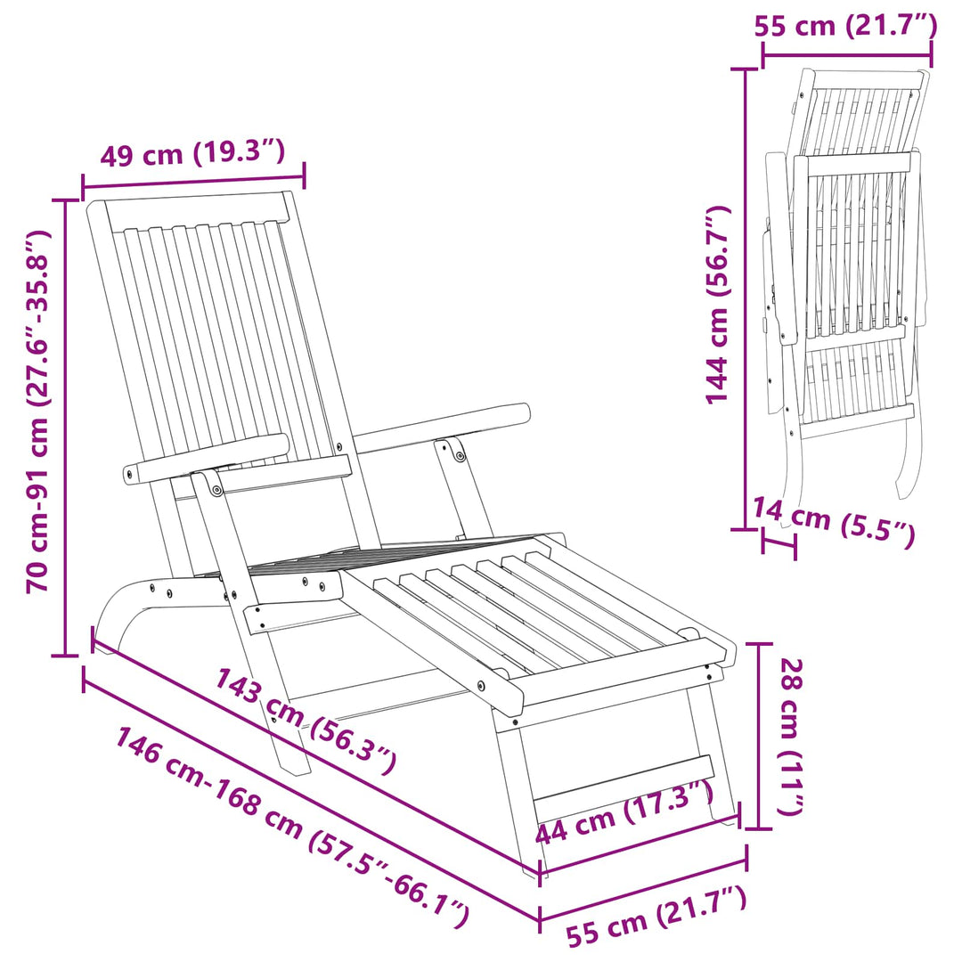 Reclinerende og foldbar liggestol 2 stk. Massivt Akacietræ