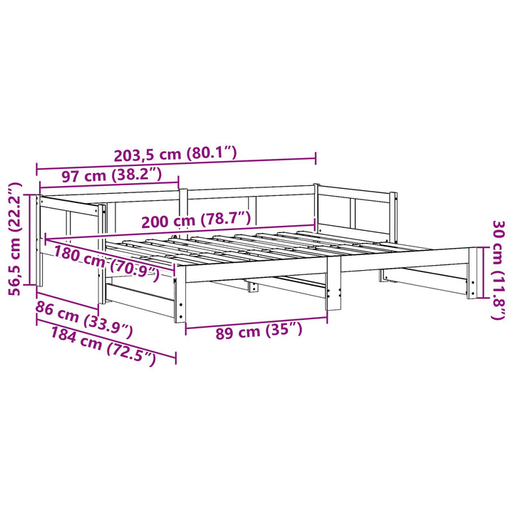 Utrækkelig Dag-seng Hvid 180 x 200 cm Massiv fyrretræ
