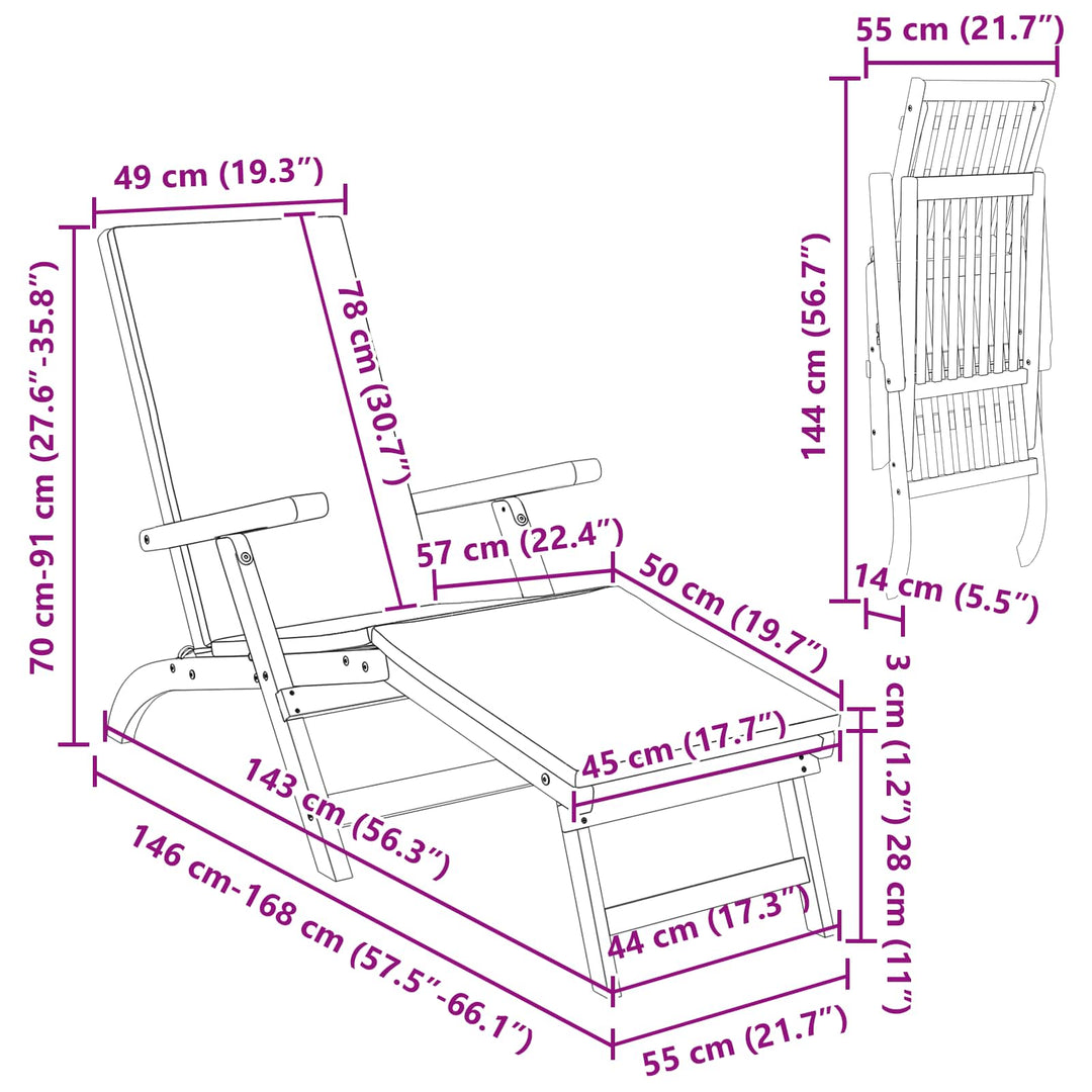 Reclinerende og foldbar liggestol 55 x 146 x 91 cm