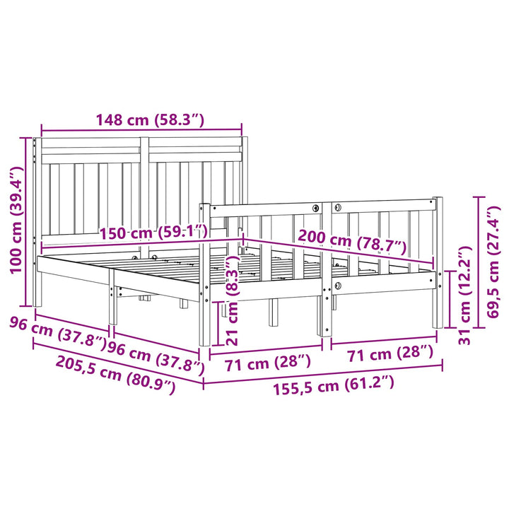 Sengestel Voks brun 205,5 x 155,5 x 100 cm Massiv fyrretræ