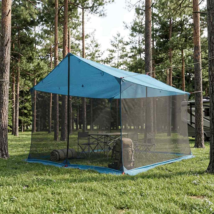 Camping tarp med mesh vægge Blå 340 x 260 x 220 cm