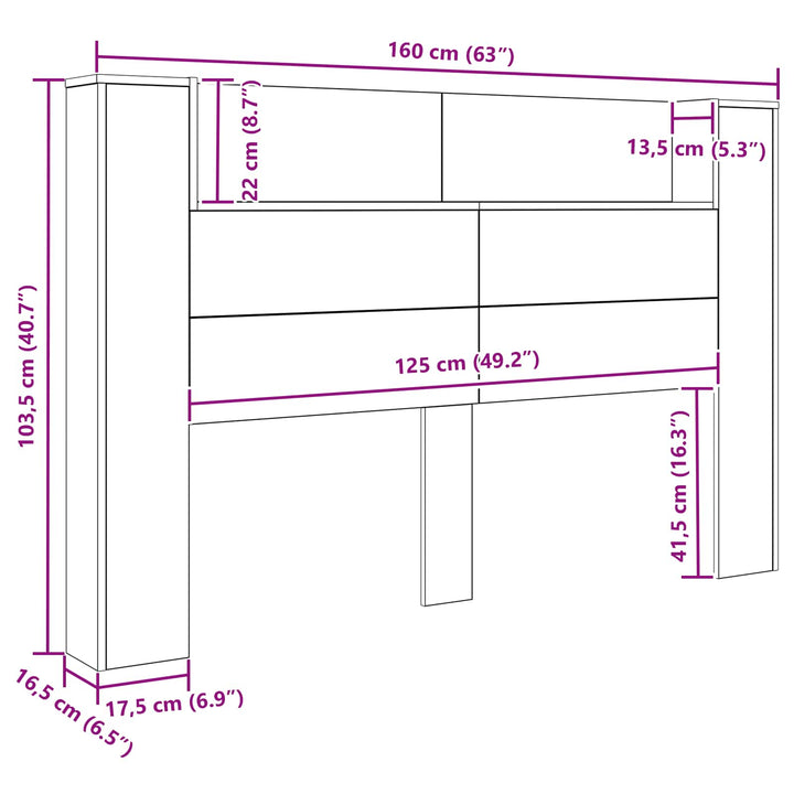 Hovedgærde kabinet med LED Sort Eg 160 x 16,5 x 103,5 cm