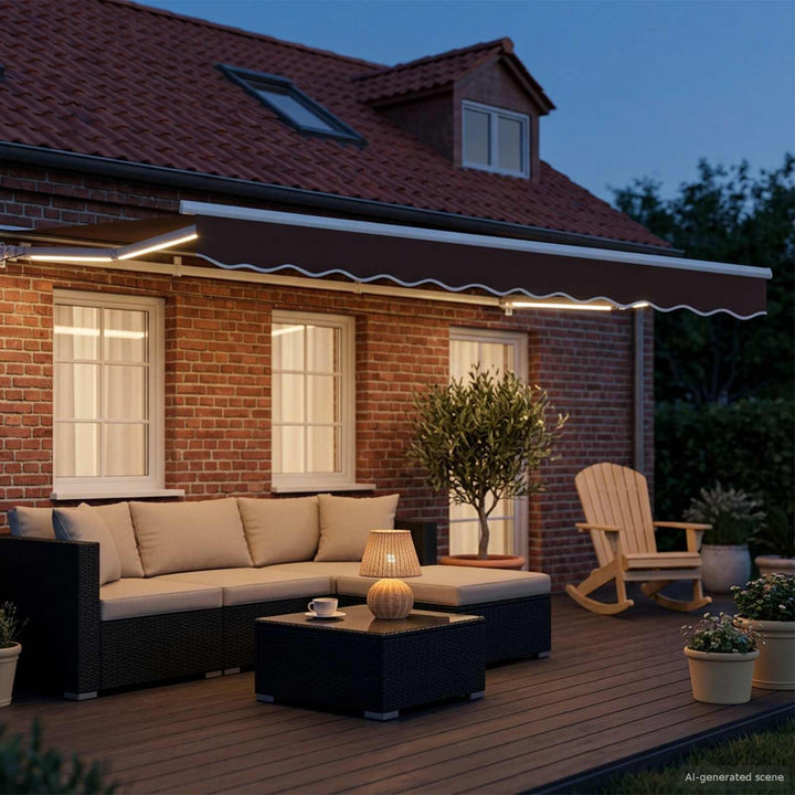 Manuel markise-ramme med LED-lys Brun og hvid 3 x 2 m