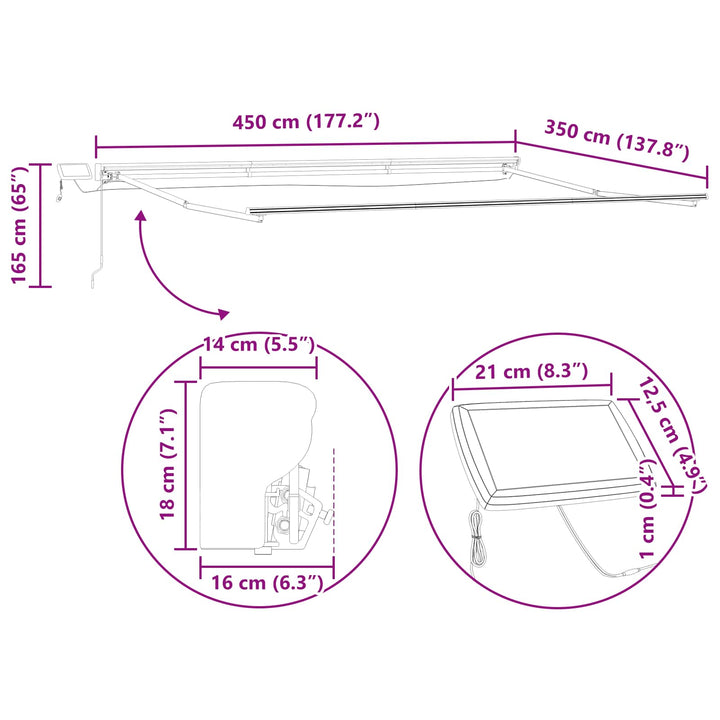 Manuel markise-ramme med LED-lys Hvid og antracit 4,5 × 3,5 m
