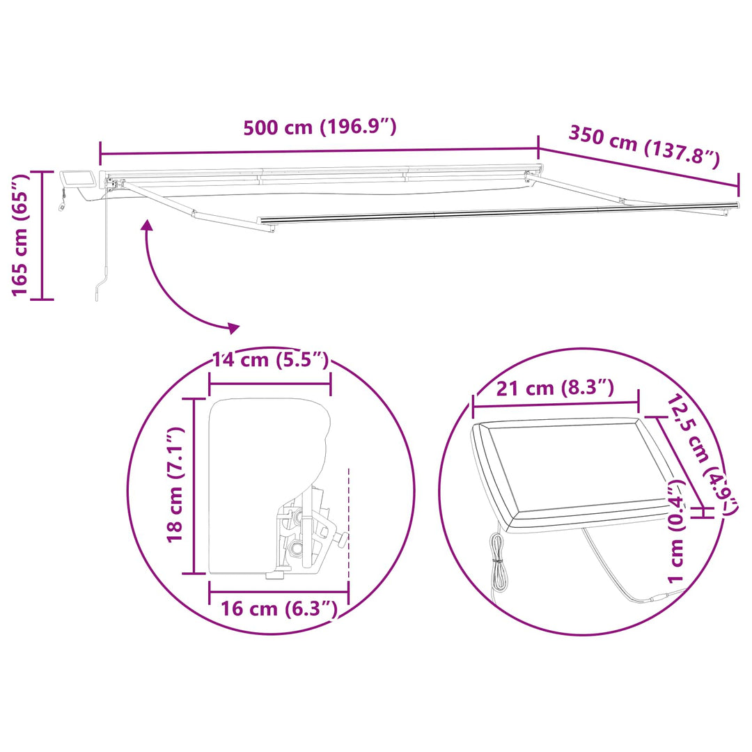 Manuel markise-ramme med LED-lys Creme og hvid 5 × 3,5 m