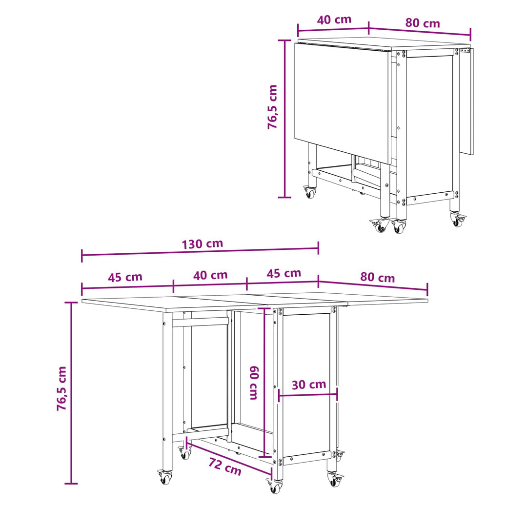Foldbart spisebord med hjul 130 x 80 x 76,5 cm Konstrueret træ