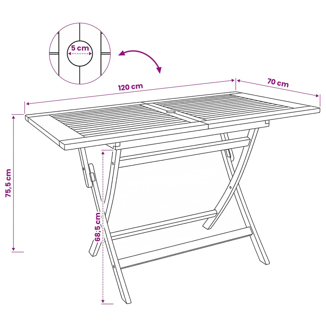 Sammenklappeligt havebord Naturfarvet 120 x 70 x 75,5 cm