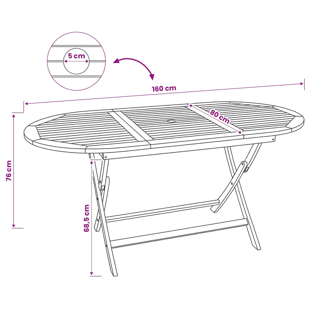 Sammenklappeligt havebord Naturfarvet 160 x 80 x 76 cm