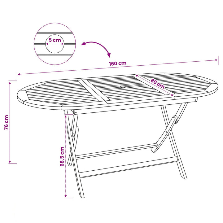 Sammenklappeligt havebord Naturfarvet 160 x 80 x 76 cm