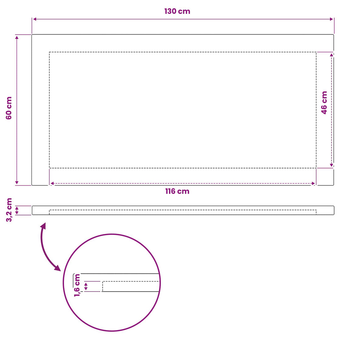 Rektangulært Bordplade 130 x 60 x 3,2 cm Rektangulær