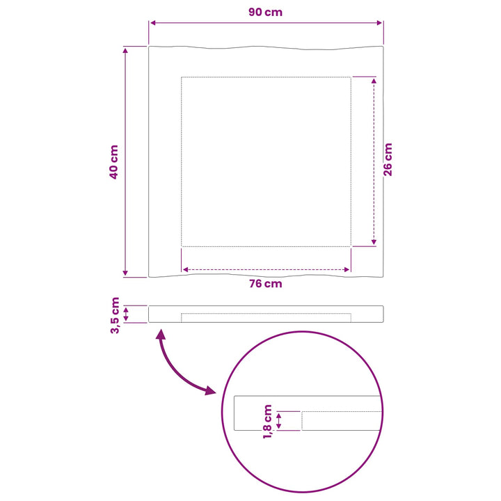 Rektangulært Bordplade 90 x 50 x 3,5 cm Rektangulær Naturfarvet