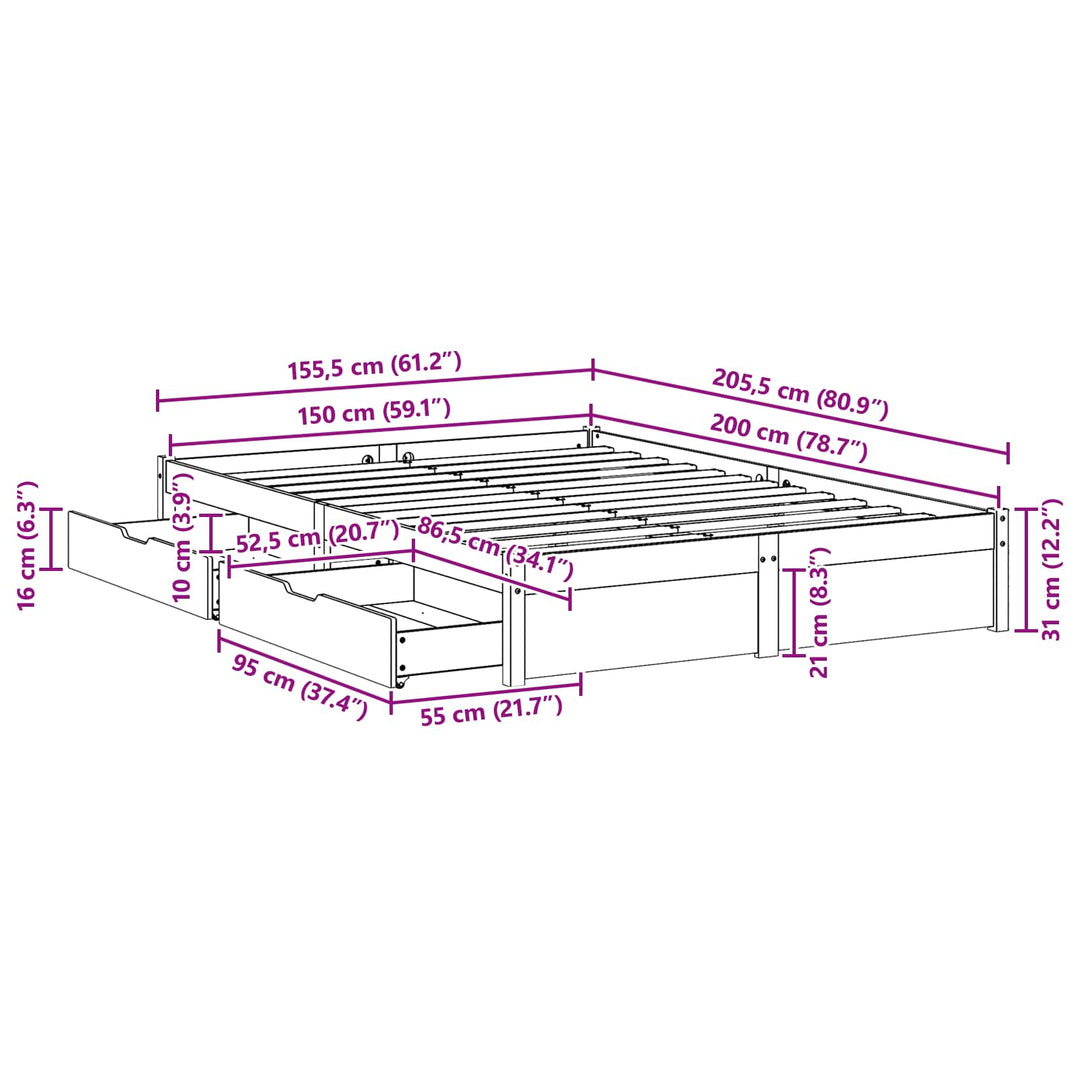 Sengestel med skuffe Voks brun 150 x 200 cm Massivt fyrretræ