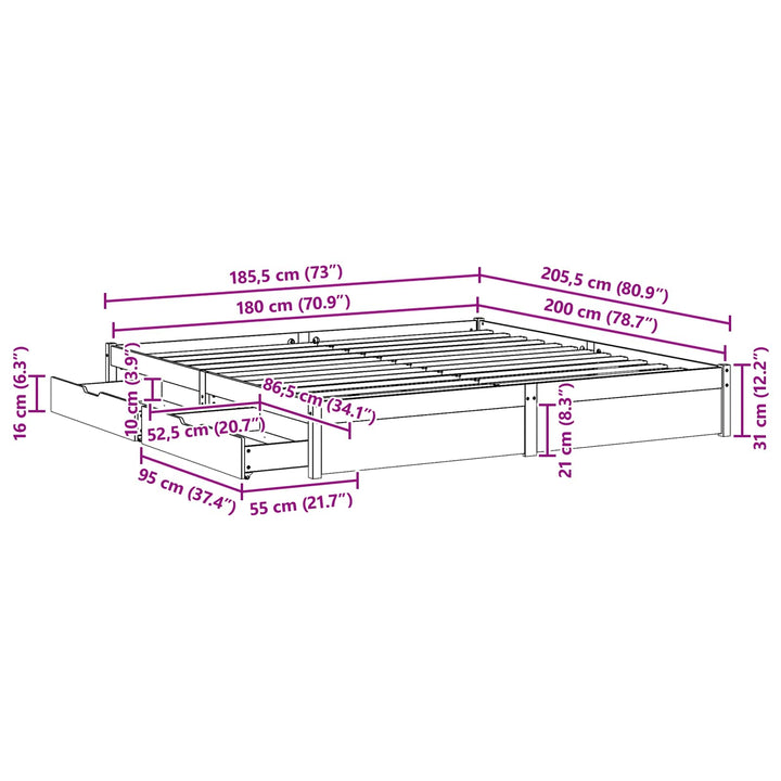 Sengestel med skuffe Voks brun 180 x 200 cm Massivt fyrretræ