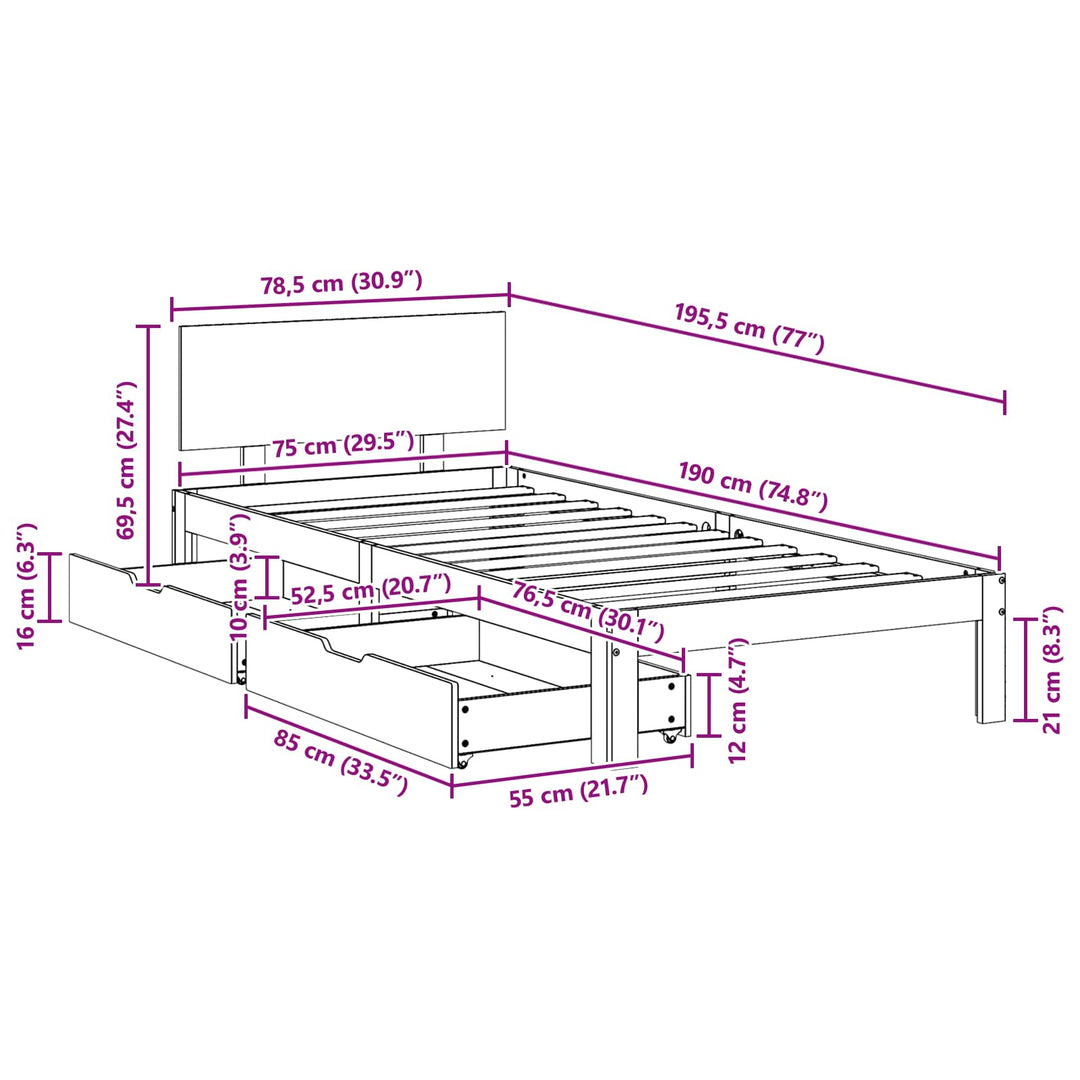 Sengestel med hovedgærde Voks brun 70 x 190 cm Massivt fyrretræ