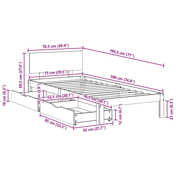 Sengestel med hovedgærde Voks brun 70 x 190 cm Massivt fyrretræ
