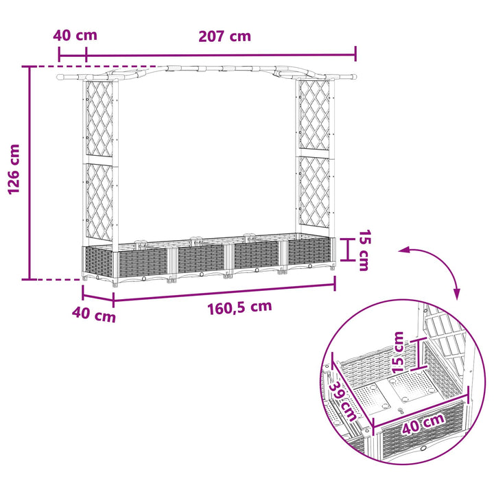 Hævet Bed med Trellis og Tag Brun 207 x 40 x 126 cm PP