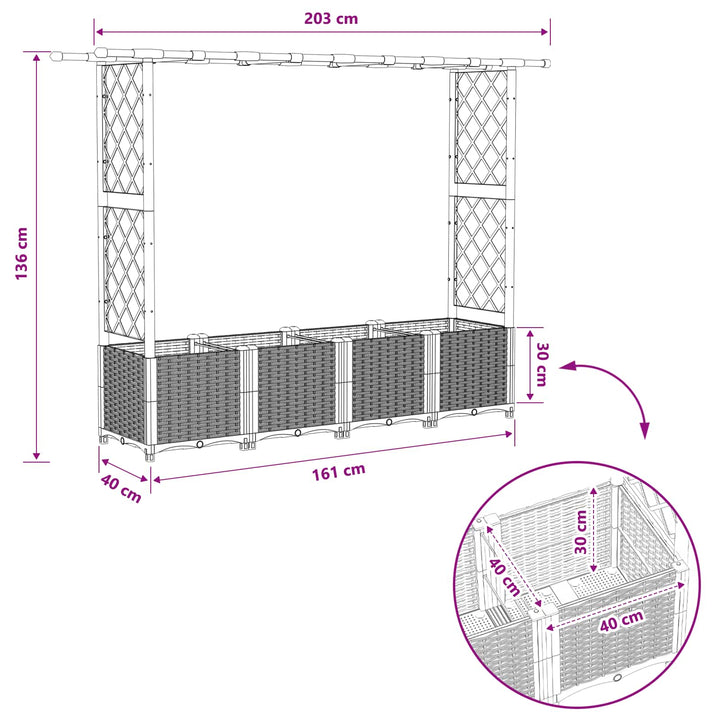 Hævet Bed med Trellis og Tag Grå 203 x 40 x 138 cm PP