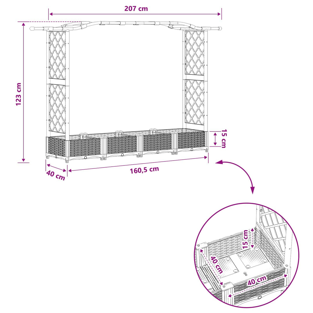 Hævet Bed med Trellis og Tag Lysegrå 207 x 40 x 126 cm PP