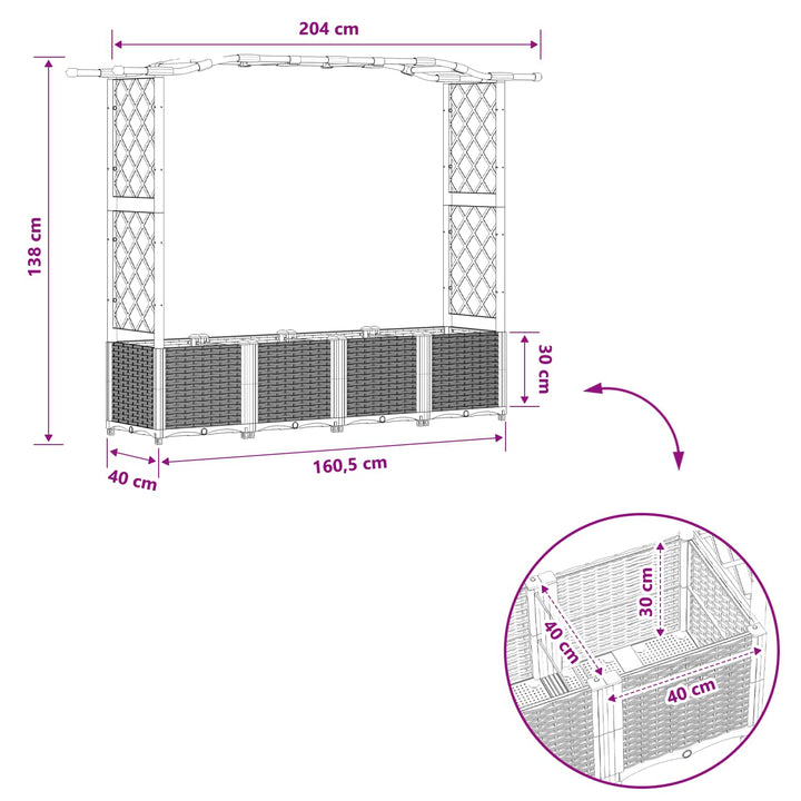 Hævet Bed med Trellis og Tag Lysegrå 204 x 40 x 141 cm PP