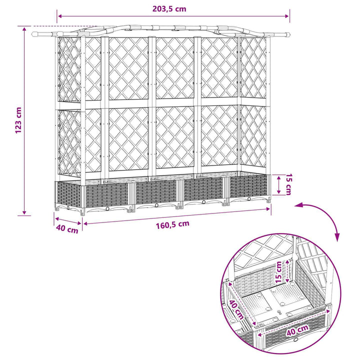 Hævet Bed med Trellis og Tag Lysegrå 203,5 x 40 x 123 cm PP
